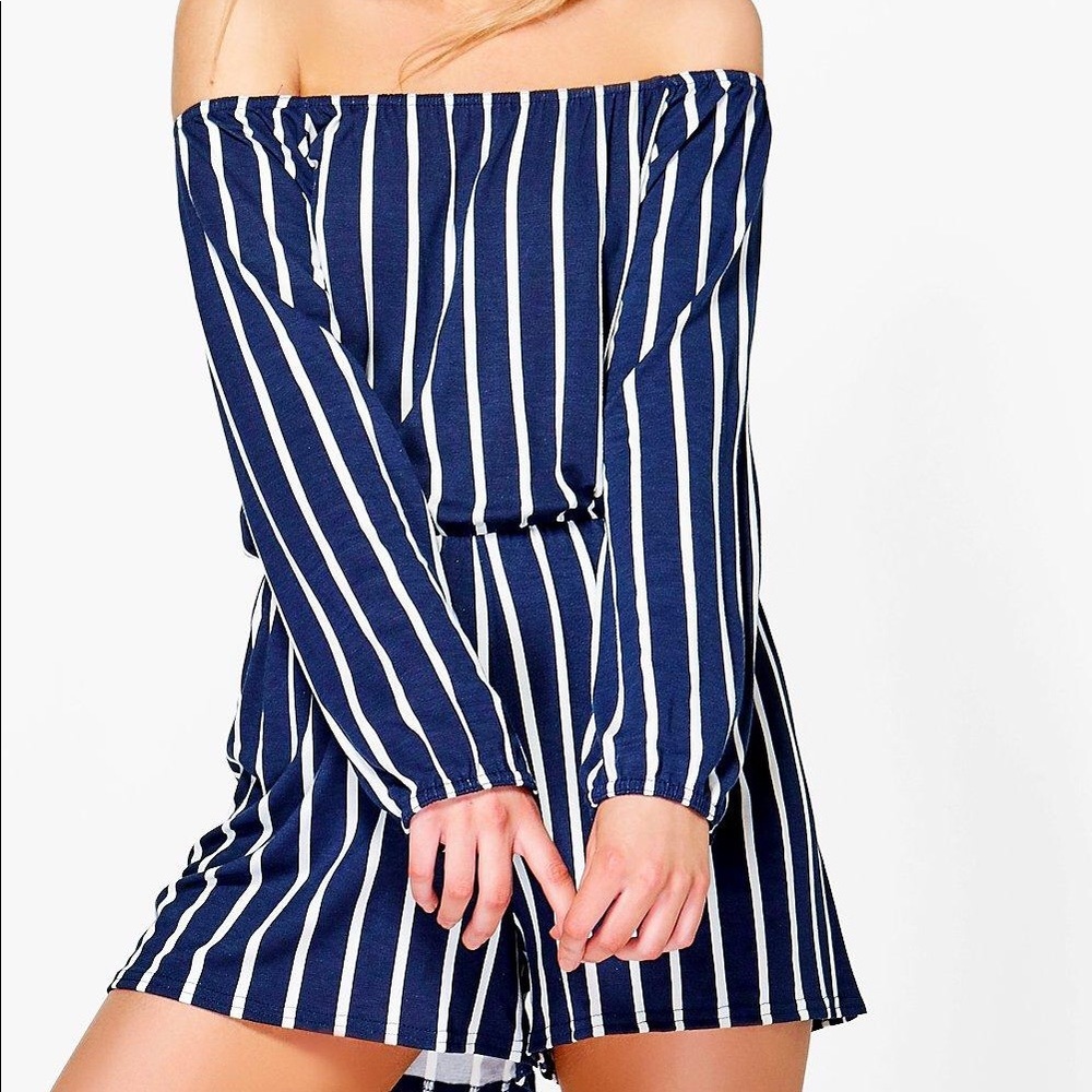 Navy Striped Off The Shoulder Playsuit
